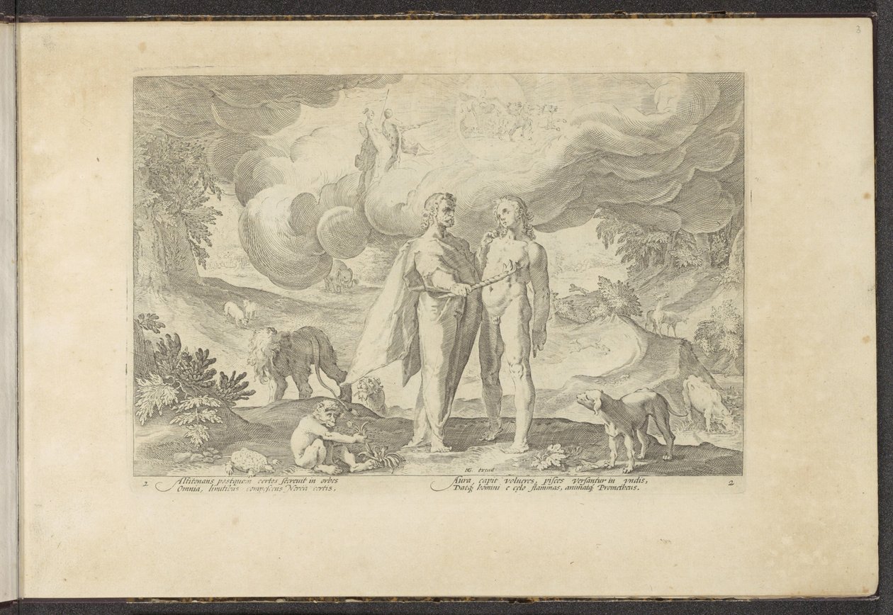 Prometheus schenkt de mens het vuur door Hendrick Goltzius (workshop of)