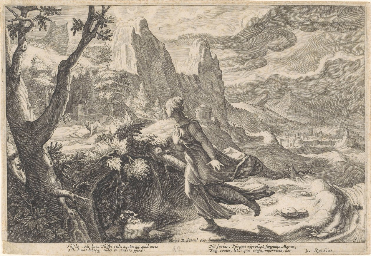 Thisbe vlucht voor de leeuwin (Metamorfosen van Ovidius) door Hendrick Goltzius (workshop of)