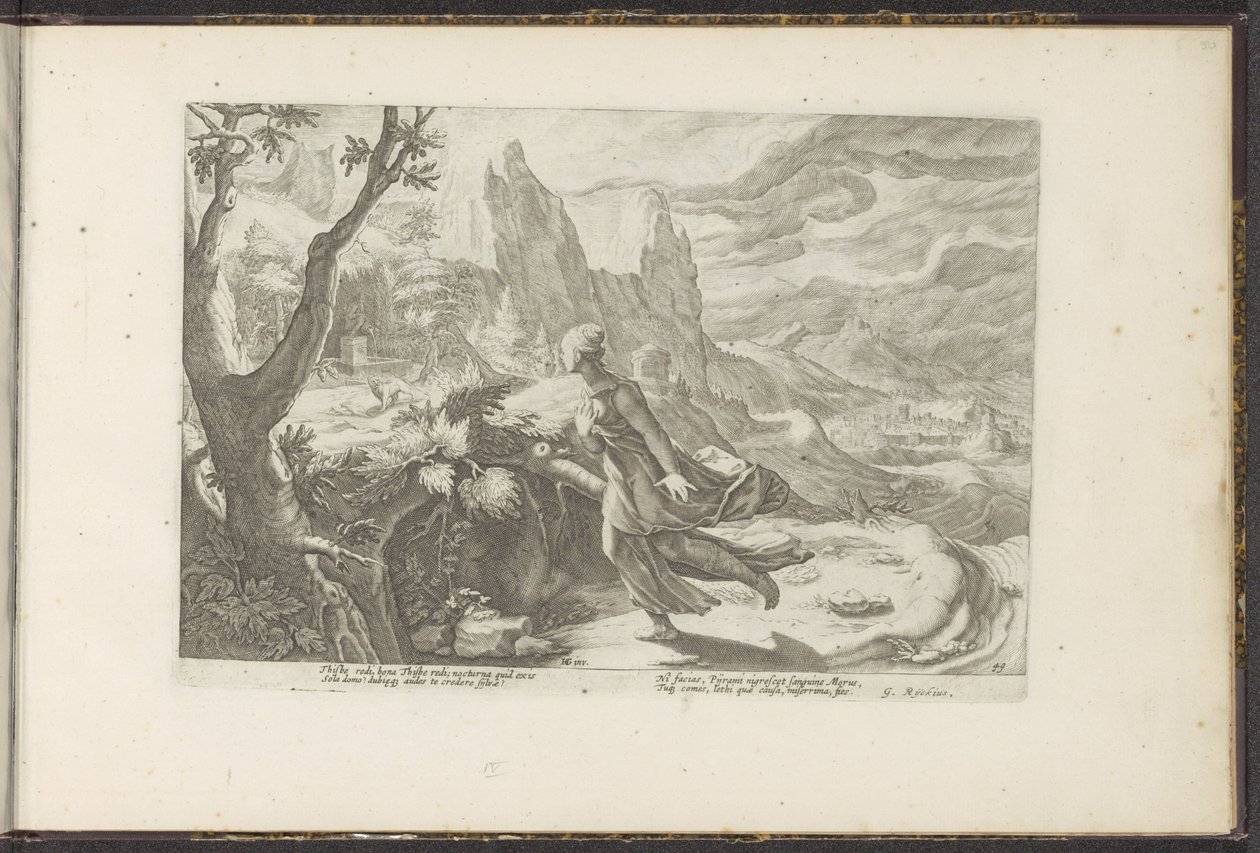 Thisbe vlucht voor een leeuw door Hendrick Goltzius (workshop of)