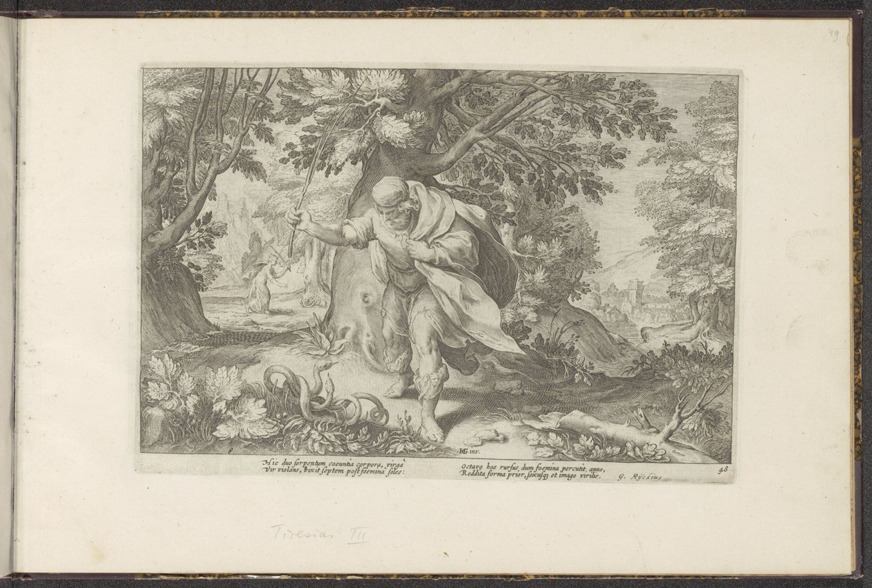 Tiiresias slaat twee parende slangen door Hendrick Goltzius (workshop of)