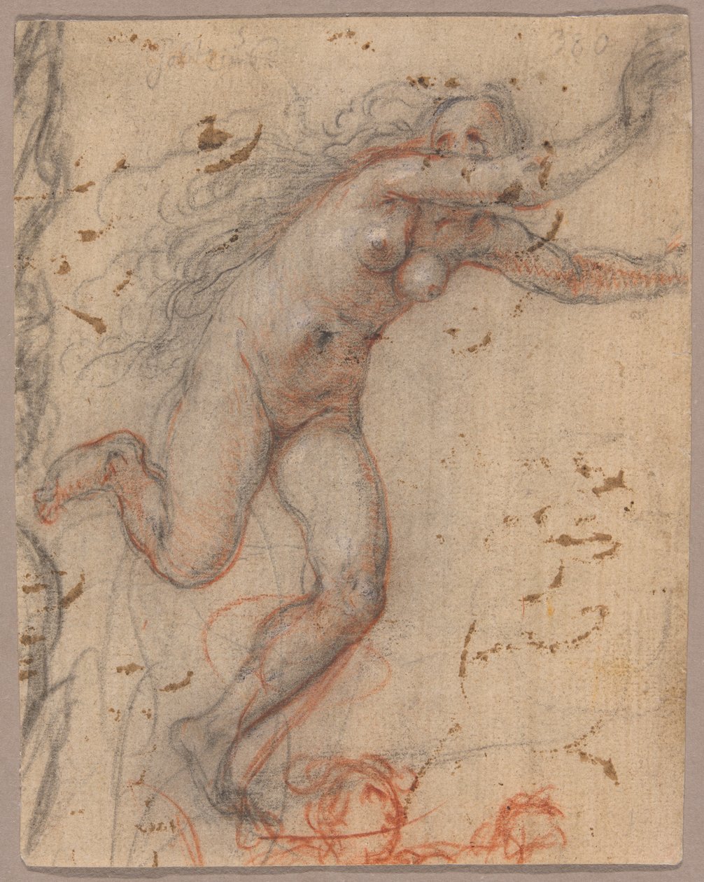 Een naakte vrouwenfiguur vluchtend naar rechts met uitgestrekte armen, met schets van een buste van een tweede figuur (recto); een schets van een naakte, knielende vrouwenfiguur, ondersteund door een andere staande figuur (verso) door Hendrick Goltzius