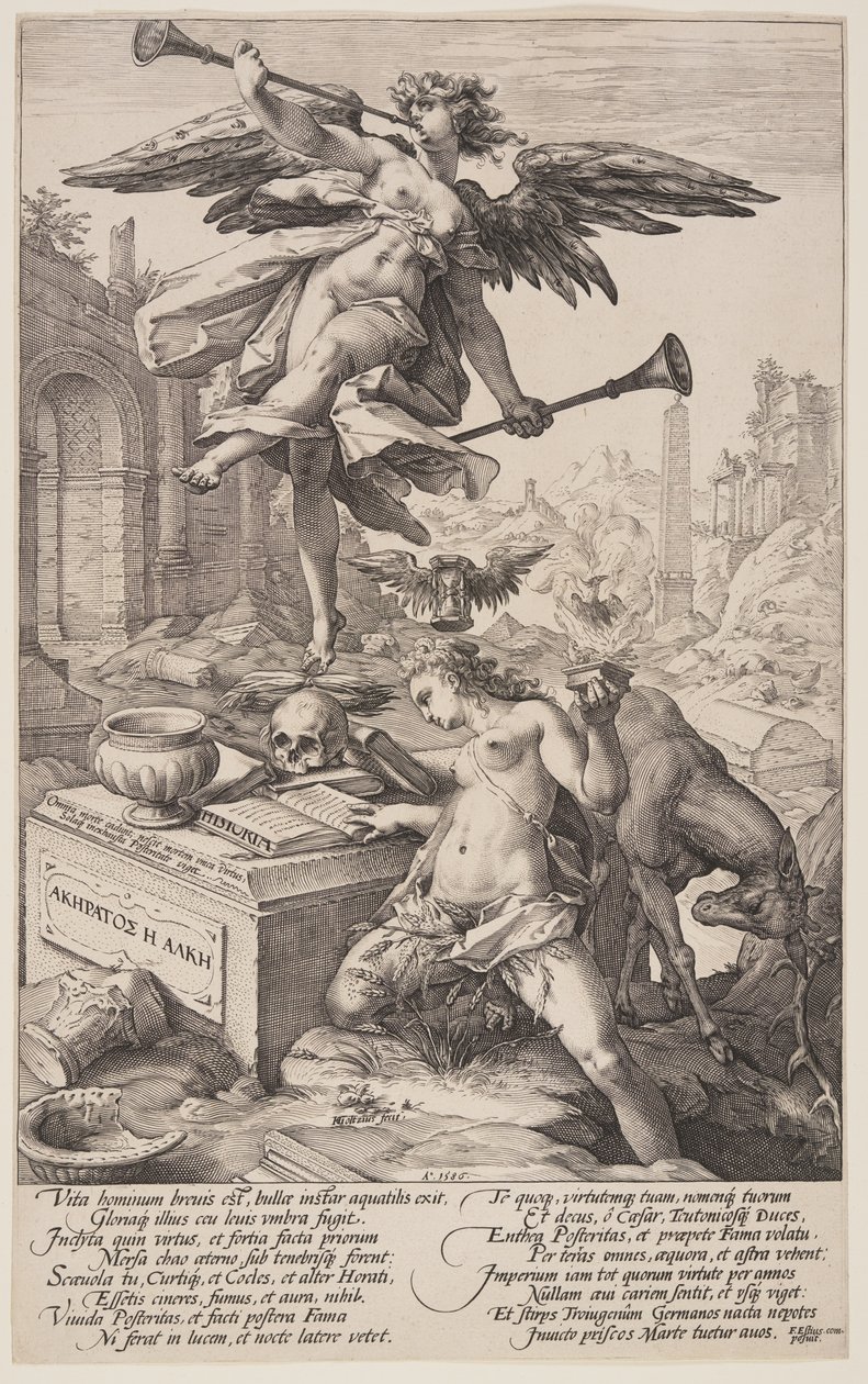 Allegorie op roem en geschiedenis, uit De Romeinse Helden door Hendrick Goltzius