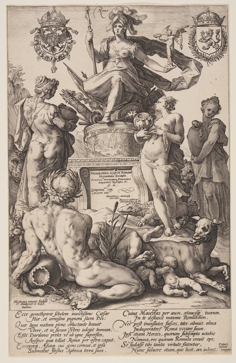 Allegorie van Rome, titelplaat uit De Romeinse Helden door Hendrick Goltzius