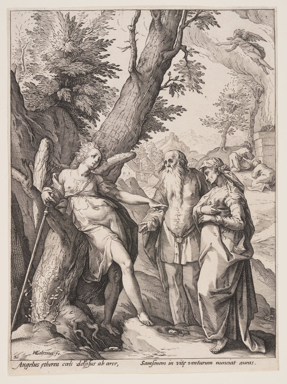 Engel met Manoach en zijn vrouw door Hendrick Goltzius