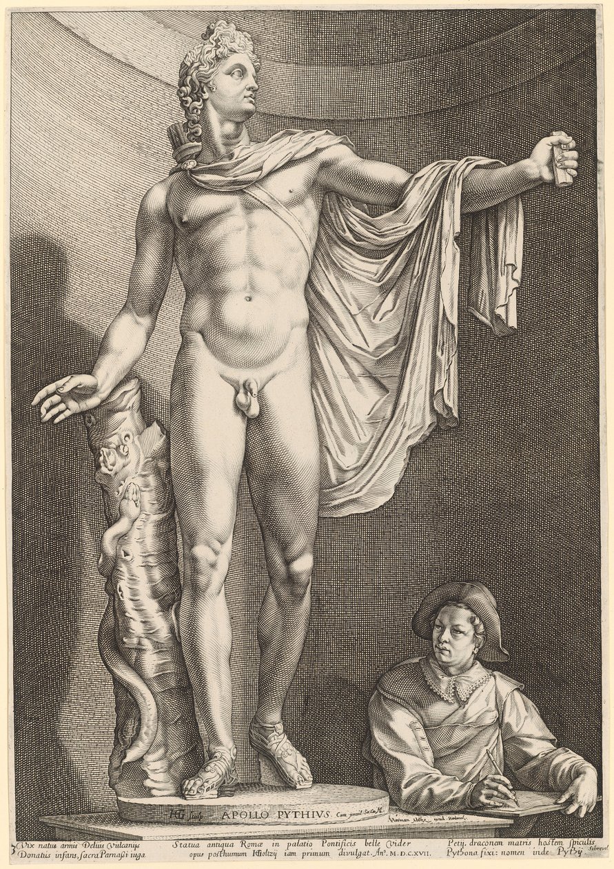 Apollo Belvedere, blad 3 uit "Drie antieke standbeelden uit Rome" door Hendrick Goltzius