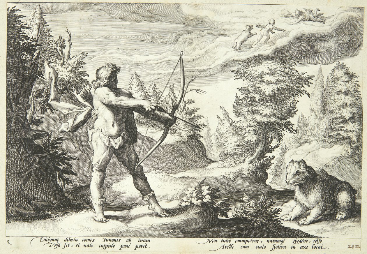 Arcas bereid om zijn moeder te doden door Hendrick Goltzius