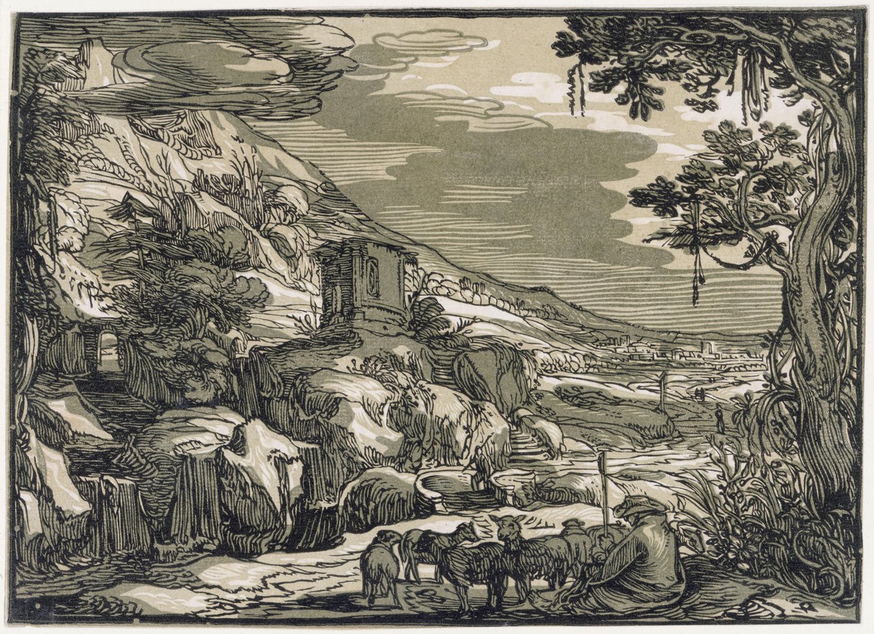 Arcadisch landschap met een herder door Hendrick Goltzius
