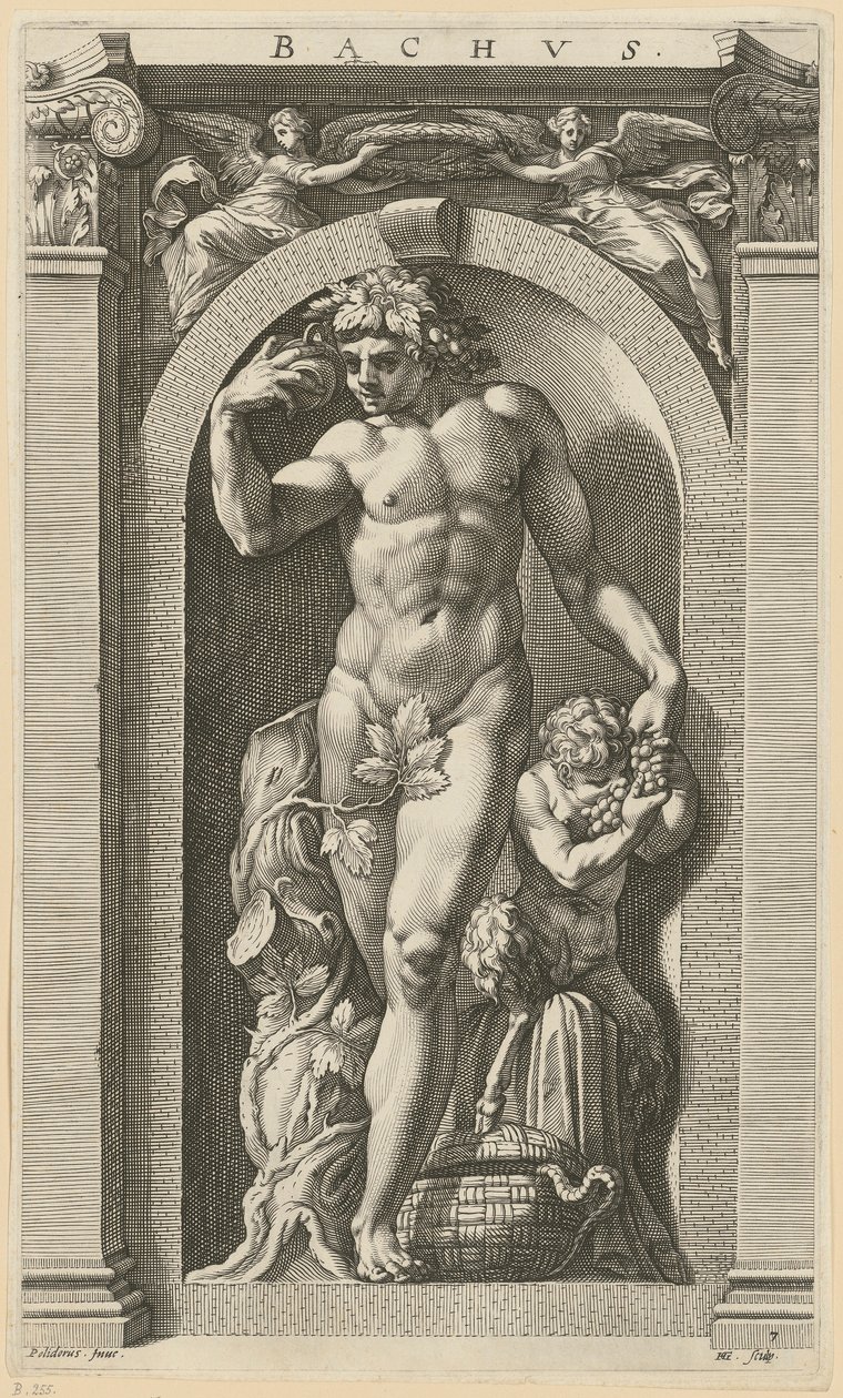Bacchus, blad 7 uit de serie „Acht antieke goden” door Hendrick Goltzius