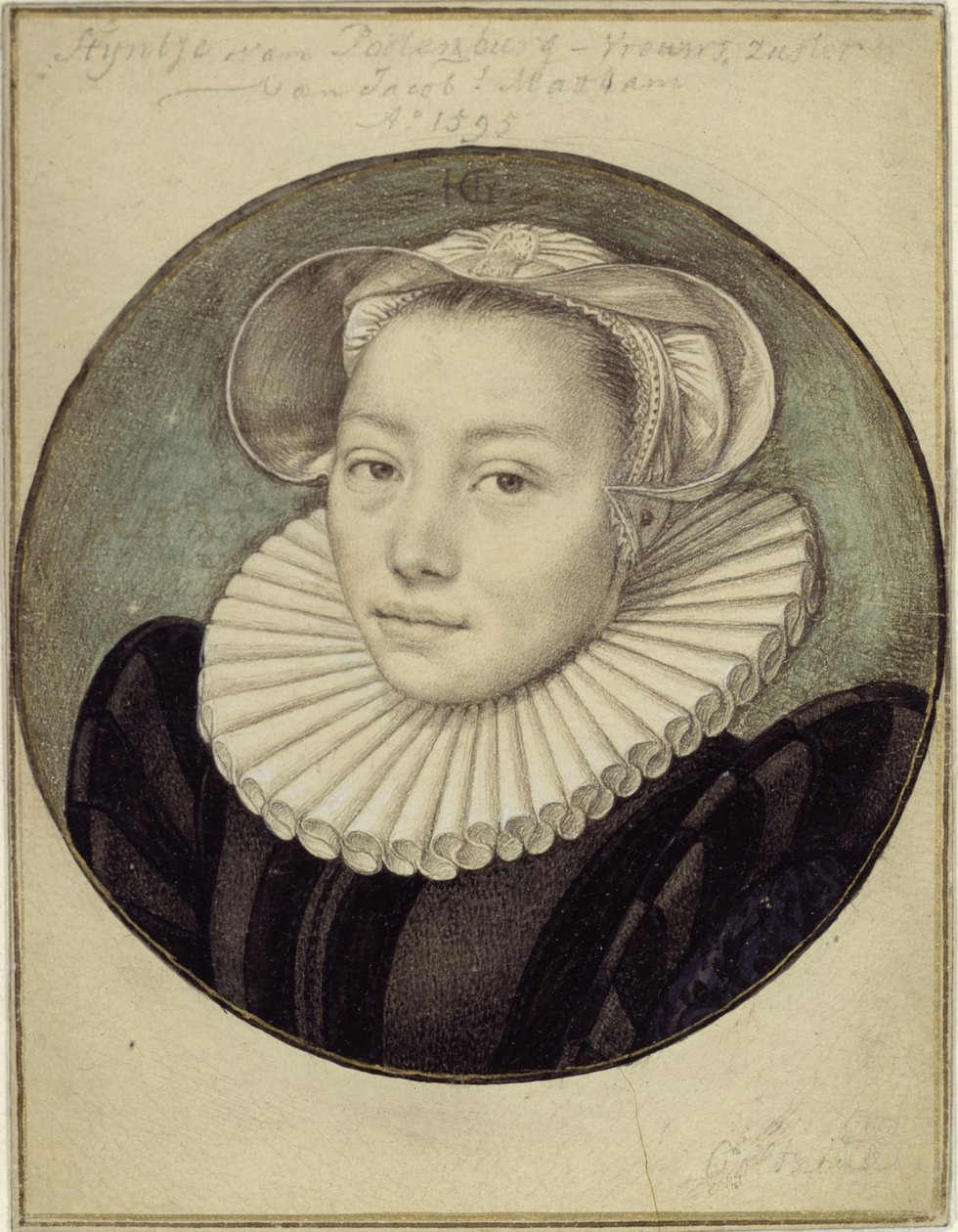 Borstbeeld van Styntje van Poelenburg-Vrouws, de zus van Jacob Matham door Hendrick Goltzius