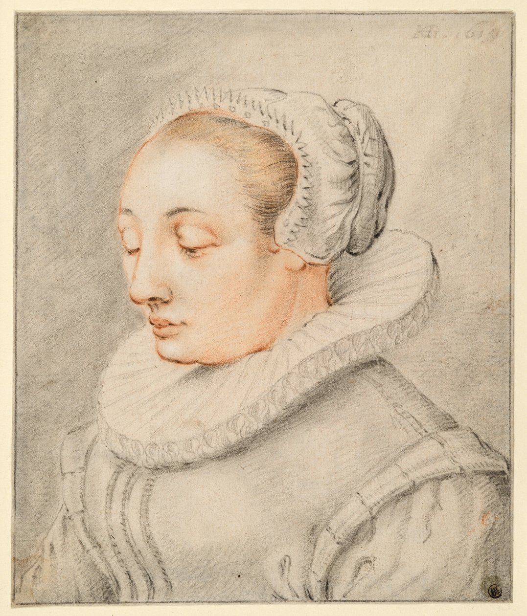 Borstbeeld van een jonge vrouw met een kapje door Hendrick Goltzius