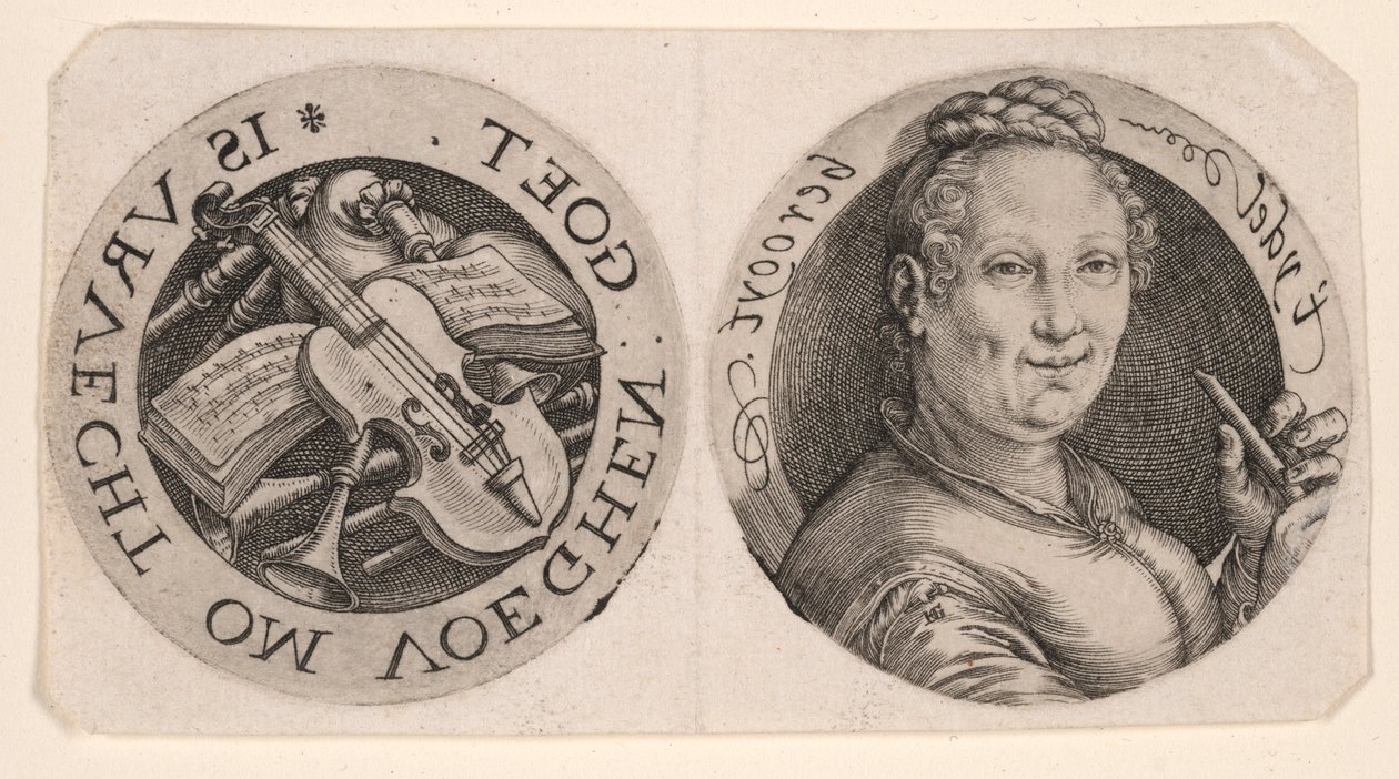 Borstbeeld van een vrouw met een fluit en muziekinstrumenten, op één blad door Hendrick Goltzius