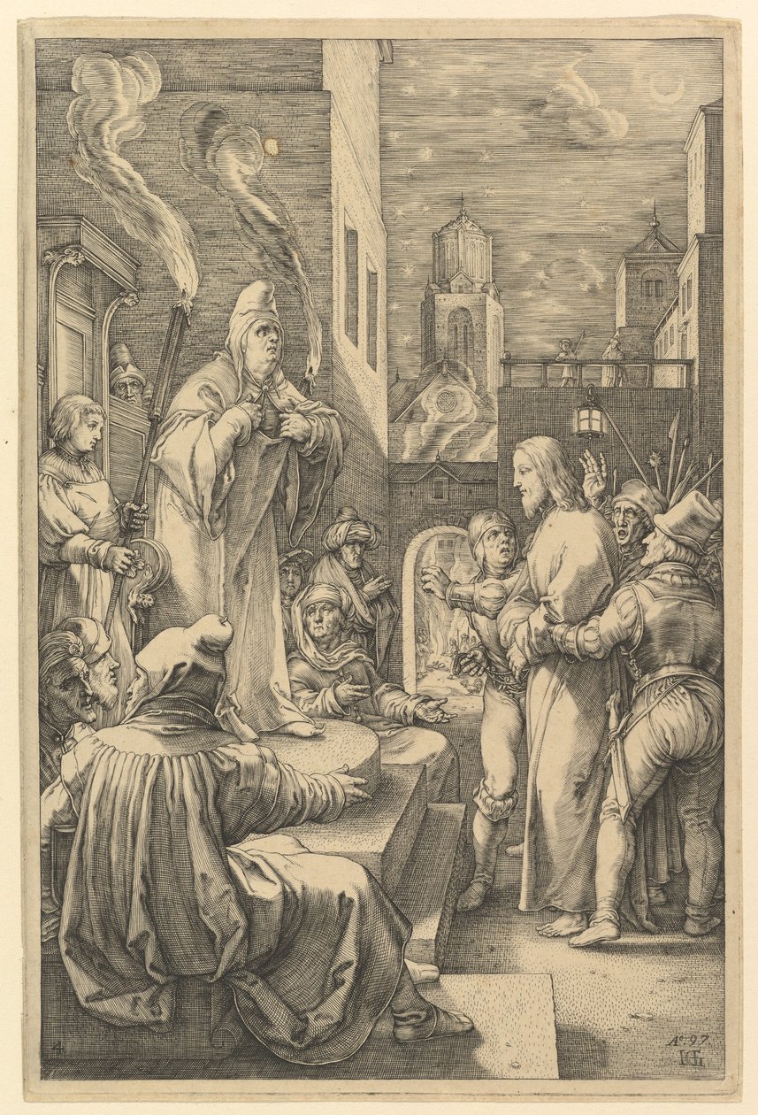 Christus voor Kajafas, uit „Het lijden van Christus” door Hendrick Goltzius