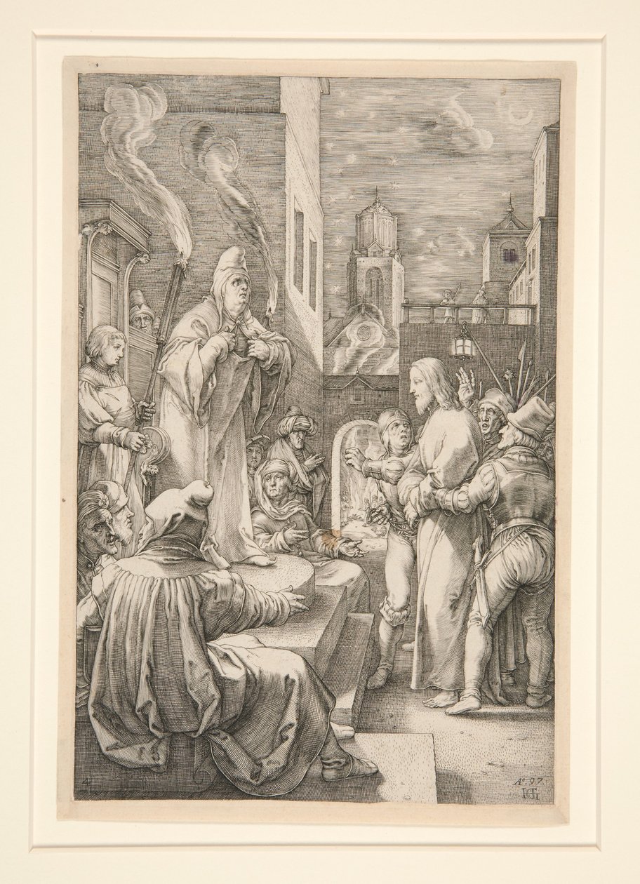 Christus voor Kajafas, plaat 4 uit de serie Het lijden van Christus door Hendrick Goltzius