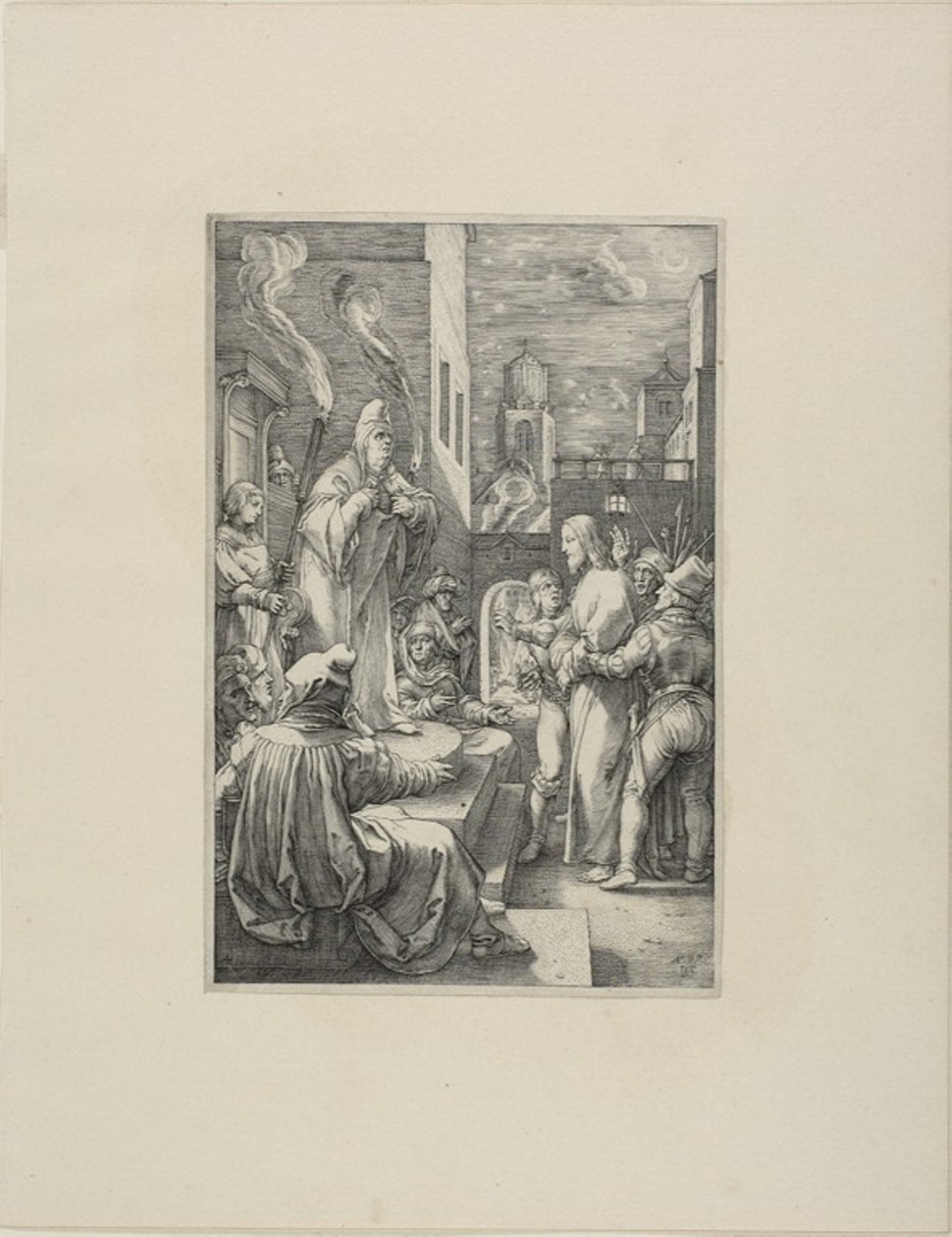Christus voor Kajafas, plaat vier uit De Passie van Christus door Hendrick Goltzius