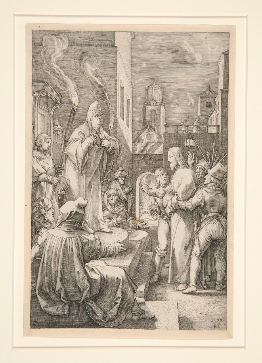 Christus voor Caiphas, uit De Passie, nr. 4 in een serie van 12 gravures door Hendrick Goltzius