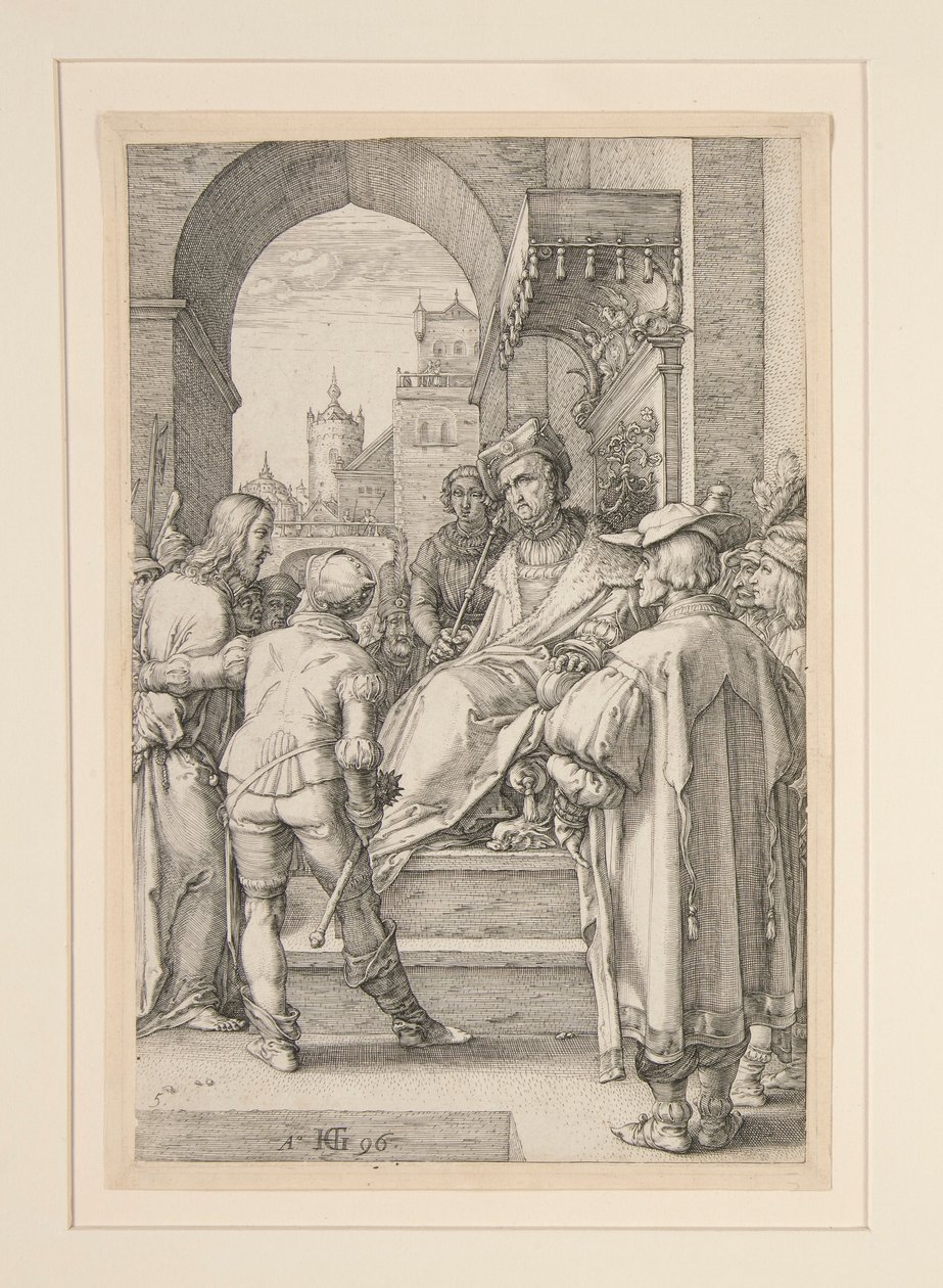 Christus voor Pilatus, uit De Passie, #5 in een serie van 12 gravures door Hendrick Goltzius