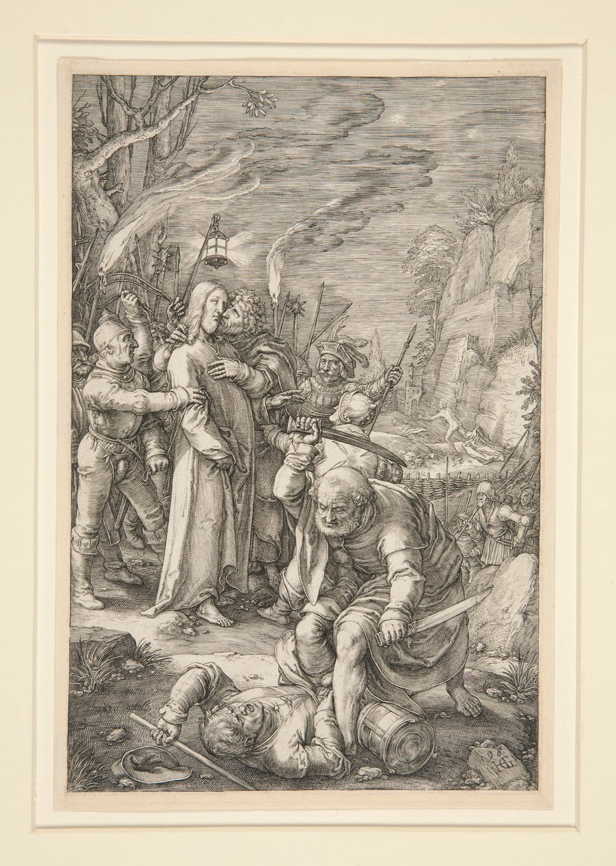 Christus Gevangen Genomen (de Verraad van Christus), uit De Passie, #3 in een serie van 12 gravures door Hendrick Goltzius