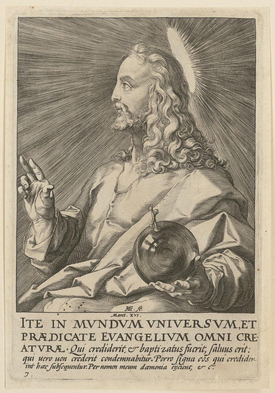 Christus als Salvator Mundi, blad 7 uit de reeks “Christus, de twaalf apostelen en Paulus” door Hendrick Goltzius