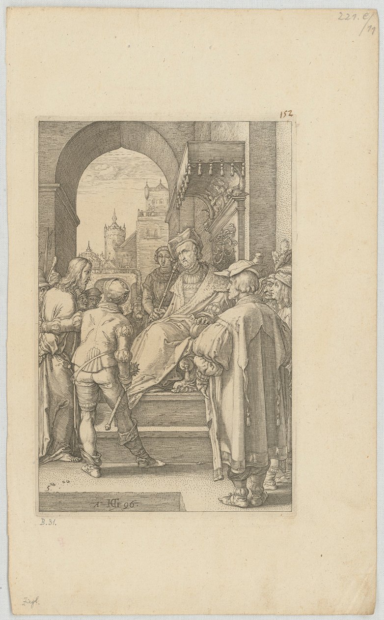 Christus voor Pilatus, blad 5 uit de serie „De Passie“ door Hendrick Goltzius