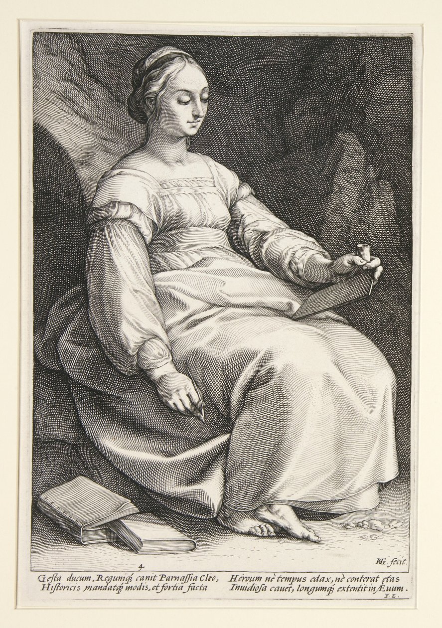 Clio, blad 4 uit de reeks „De negen muzen” door Hendrick Goltzius