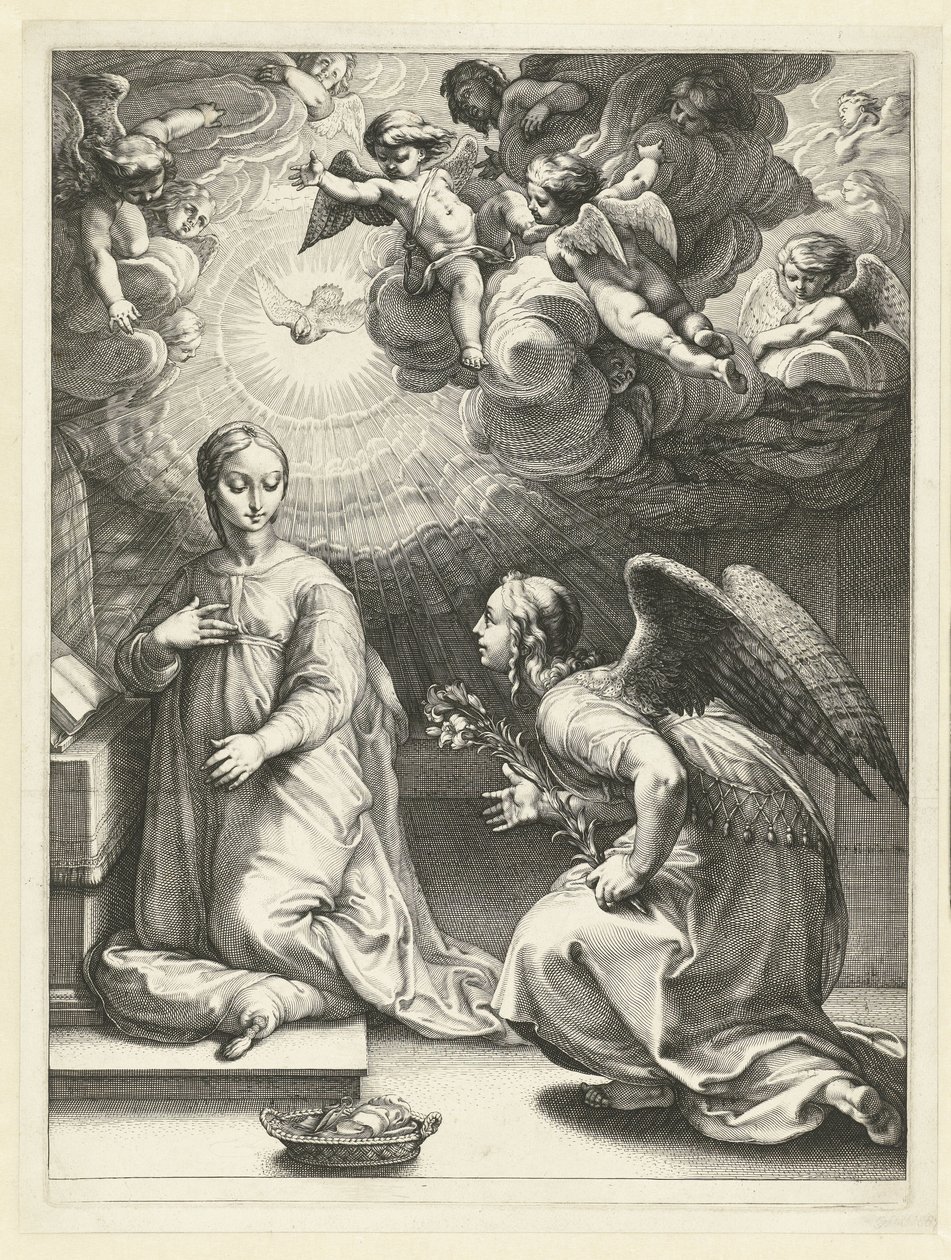 De annunciatie (Het vroege leven van Maria, Meesterstukken) door Hendrick Goltzius
