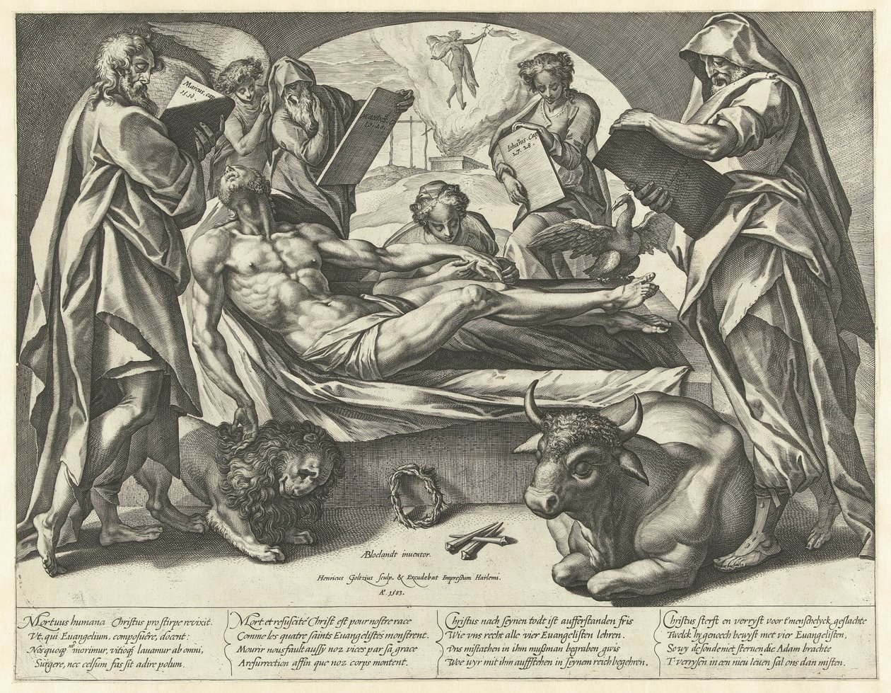 De gestorven Christus en de vier evangelisten door Hendrick Goltzius