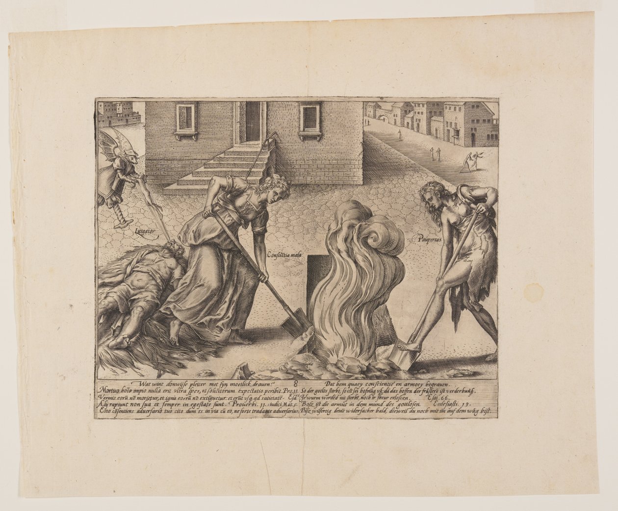 Dood van de dwaze procespartij, uit Litis Abusus (De misbruiken van de wet) door Hendrick Goltzius