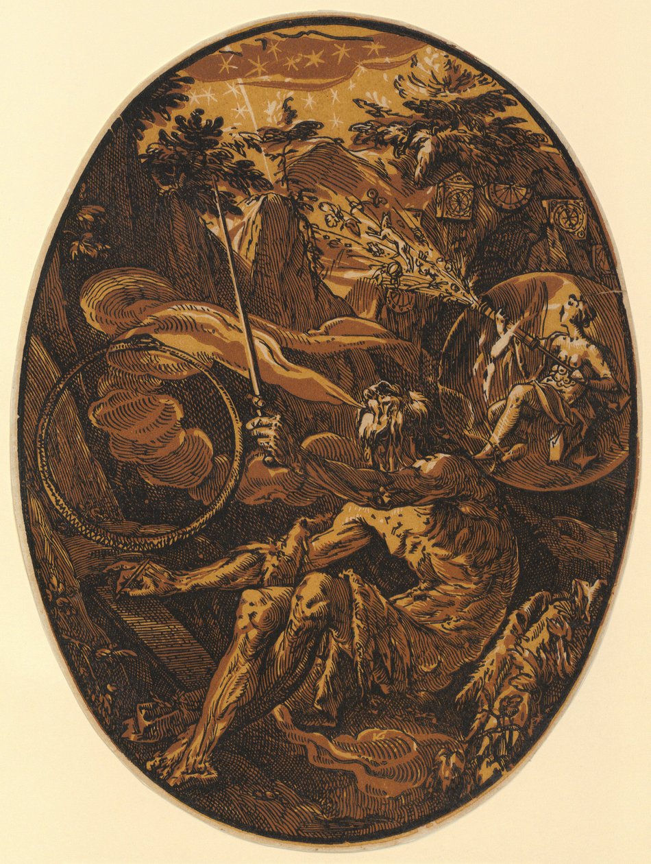 Demogorgon in de grot van de eeuwigheid, plaat 1 uit de serie ‘Demogorgon en de goddelijke wezens’ door Hendrick Goltzius