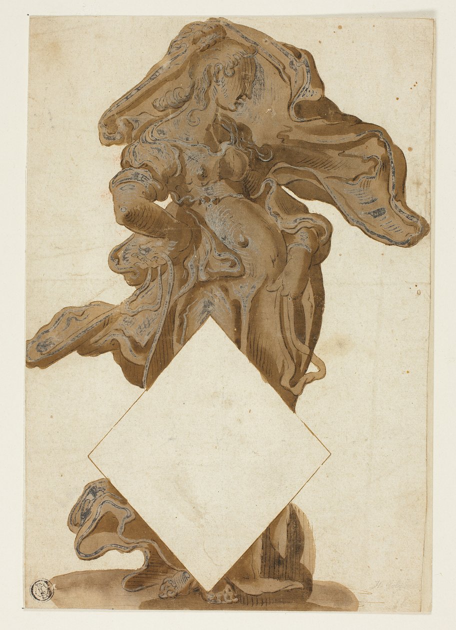 Ontwerp met vrouwelijke figuur in vloeiende draperie door Hendrick Goltzius