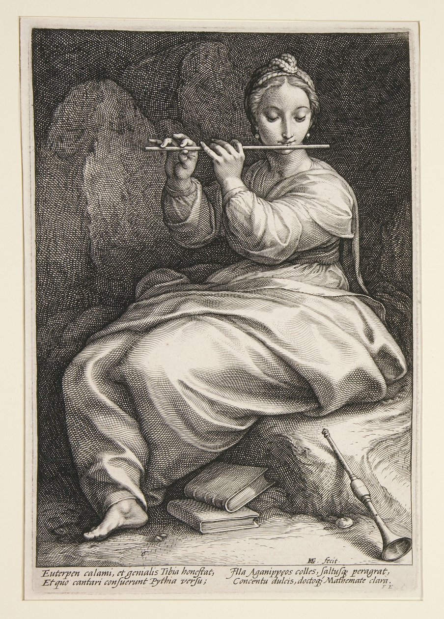 Euterpe, plaat 6 uit de serie De negen muzen door Hendrick Goltzius