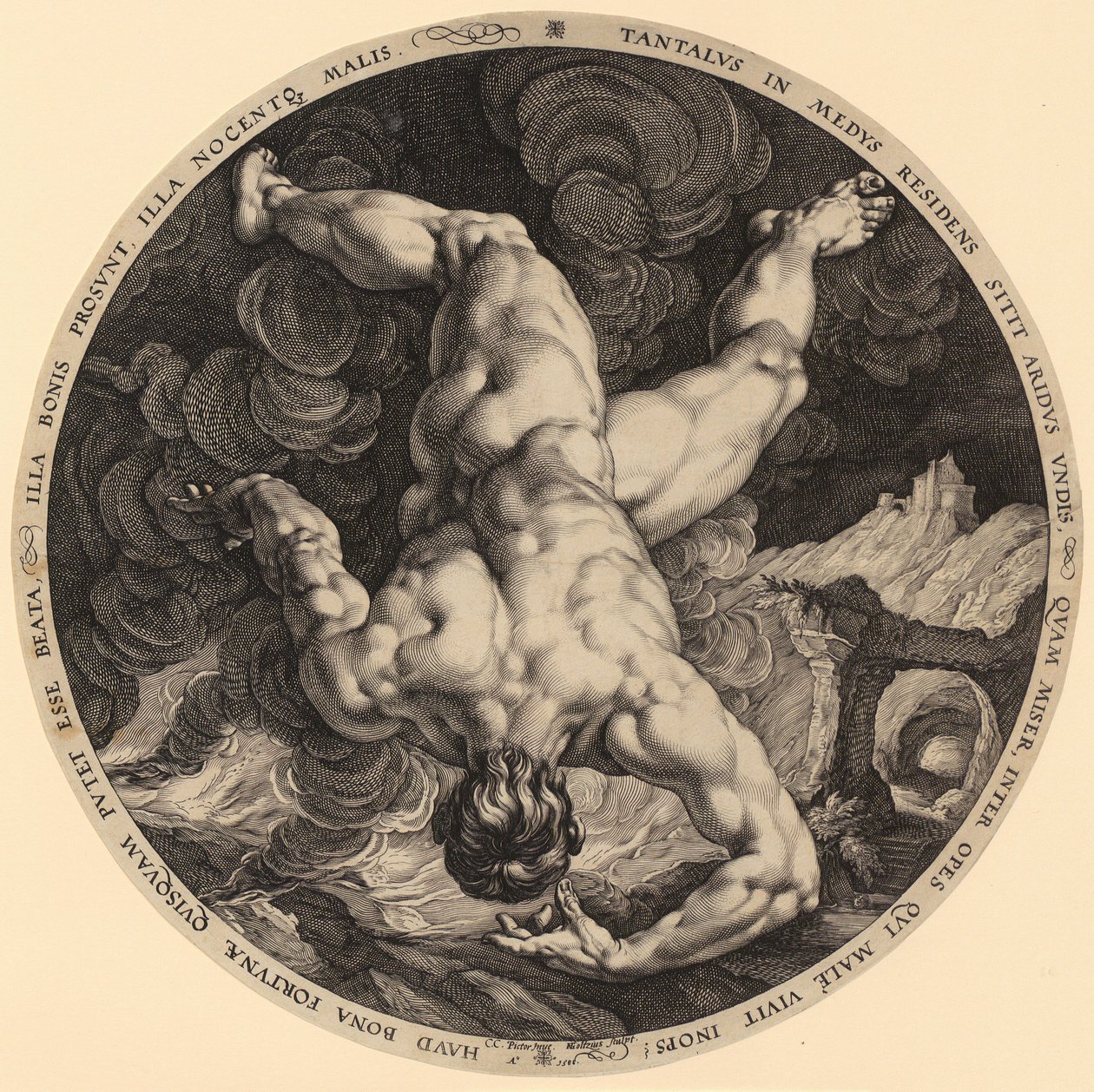 Val van Tantalus, blad 1 uit de reeks "De vier bestormers van de hemel" door Hendrick Goltzius