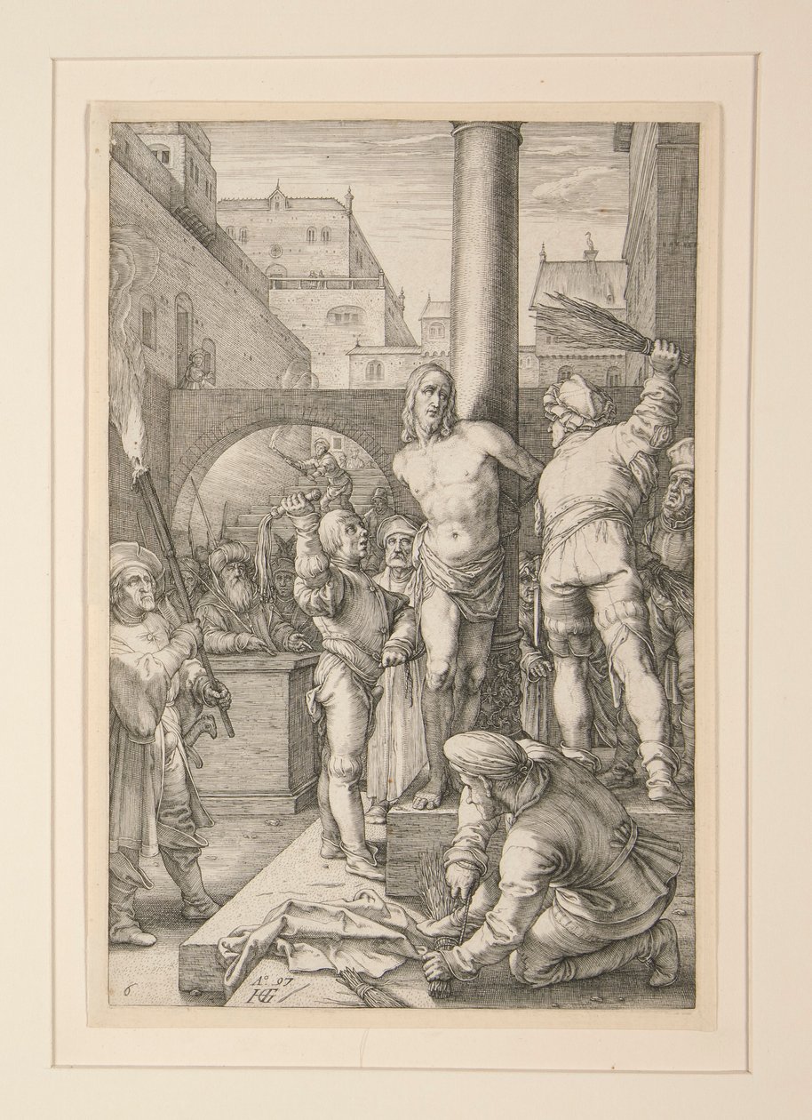 Geseling van Christus, uit De Passie, #6 in een serie van 12 gravures door Hendrick Goltzius
