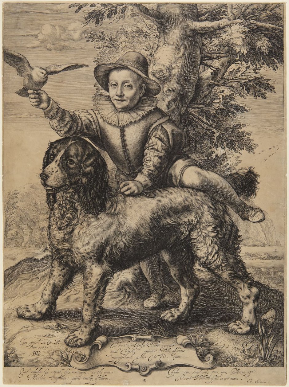 Frederick de Vries met de hond van Goltzius door Hendrick Goltzius