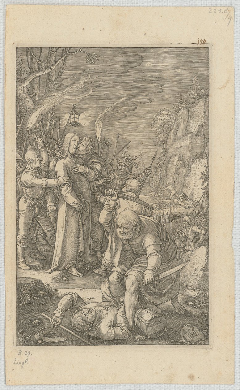 De gevangenneming van Christus, blad 3 uit de reeks „De Passie” door Hendrick Goltzius