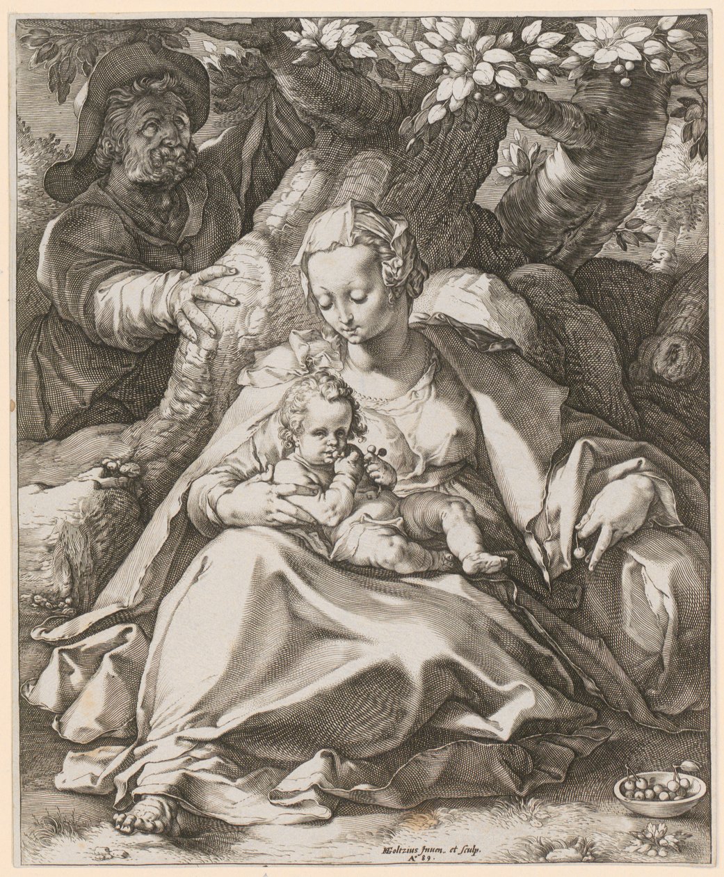 De Heilige Familie onder de kersenboom door Hendrick Goltzius