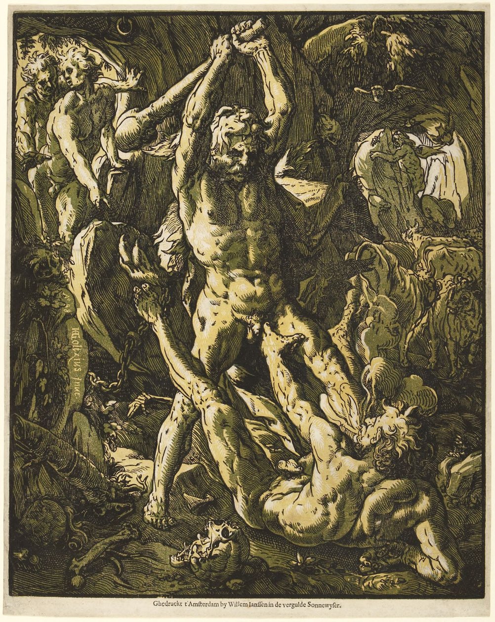 Hercules doodt Cacus door Hendrick Goltzius