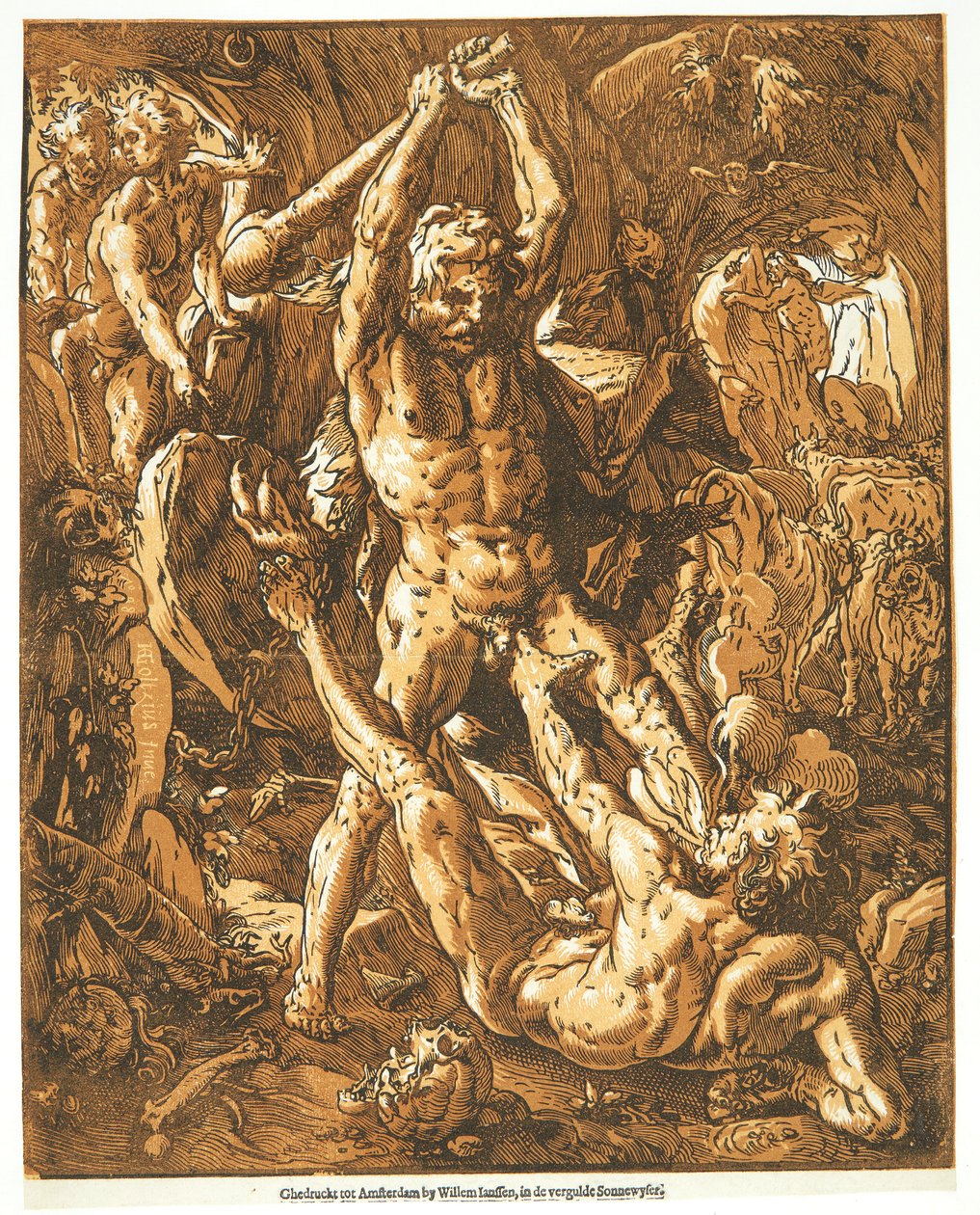 Hercules doodt Cacus door Hendrick Goltzius