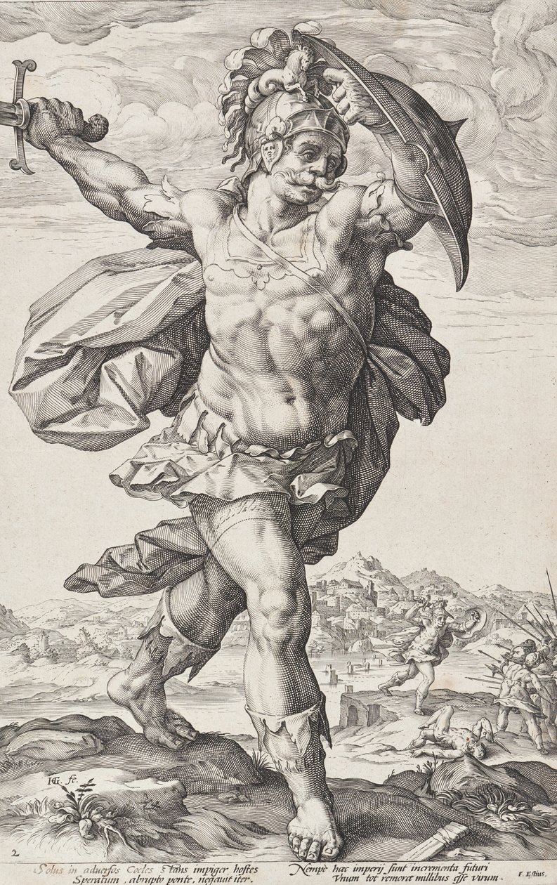 Horatius Cocles (Romeinse helden, plaat 2) door Hendrick Goltzius