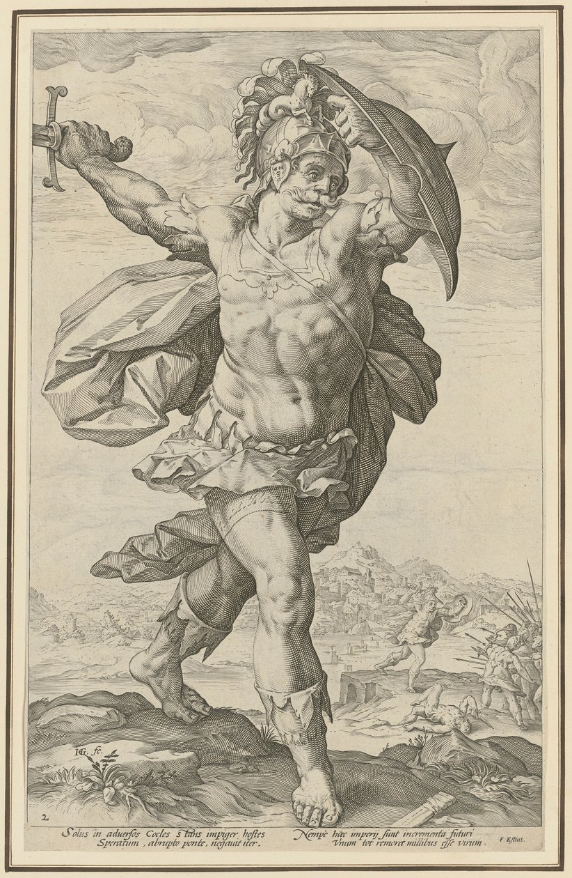Horatius Cocles, blad 2 uit de serie „Romeinse helden“ door Hendrick Goltzius