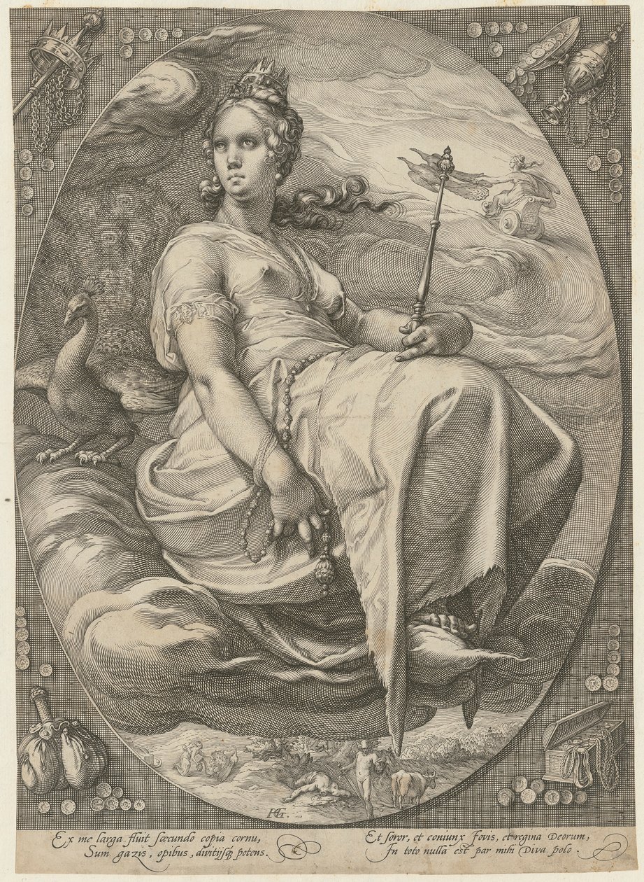 Juno, blad 3 uit de reeks „Drie godinnen” door Hendrick Goltzius