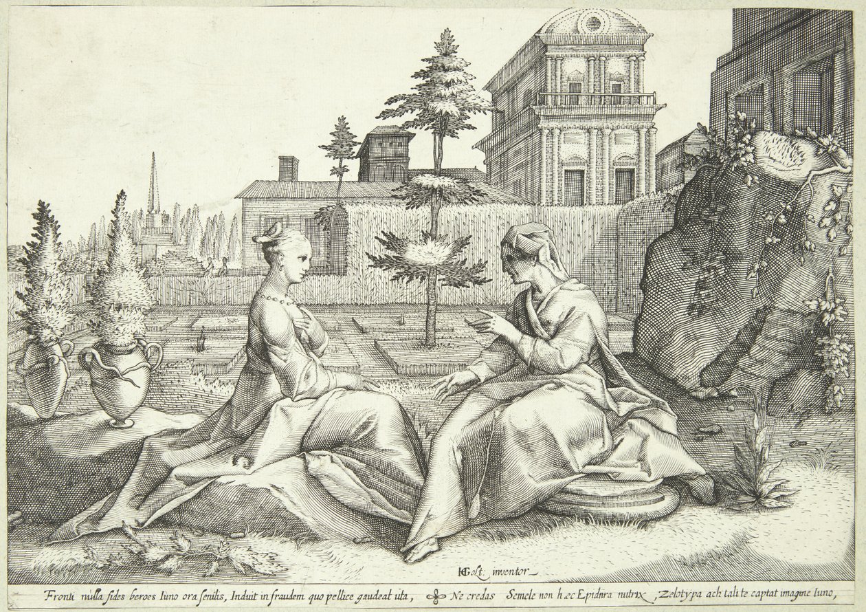 Juno vermomd als Beroë waarschuwt Semele door Hendrick Goltzius