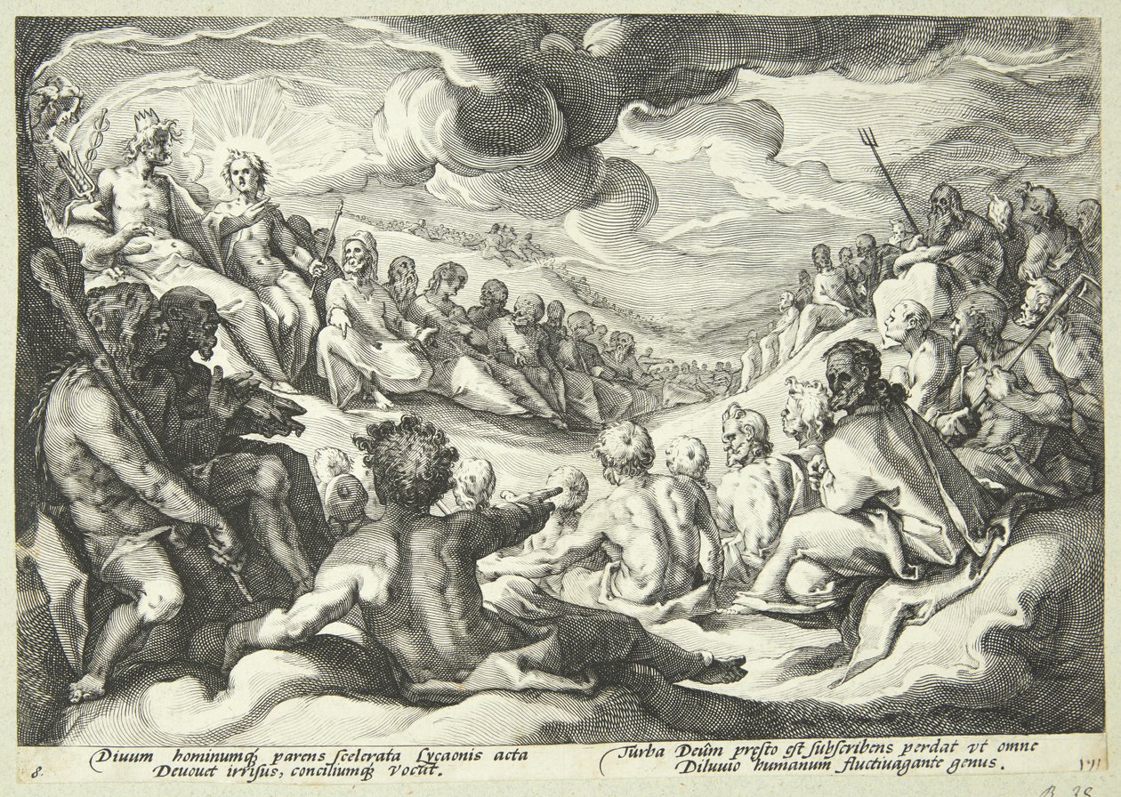 Jupiter raadpleegt de goden over de vernietiging van het universum door Hendrick Goltzius