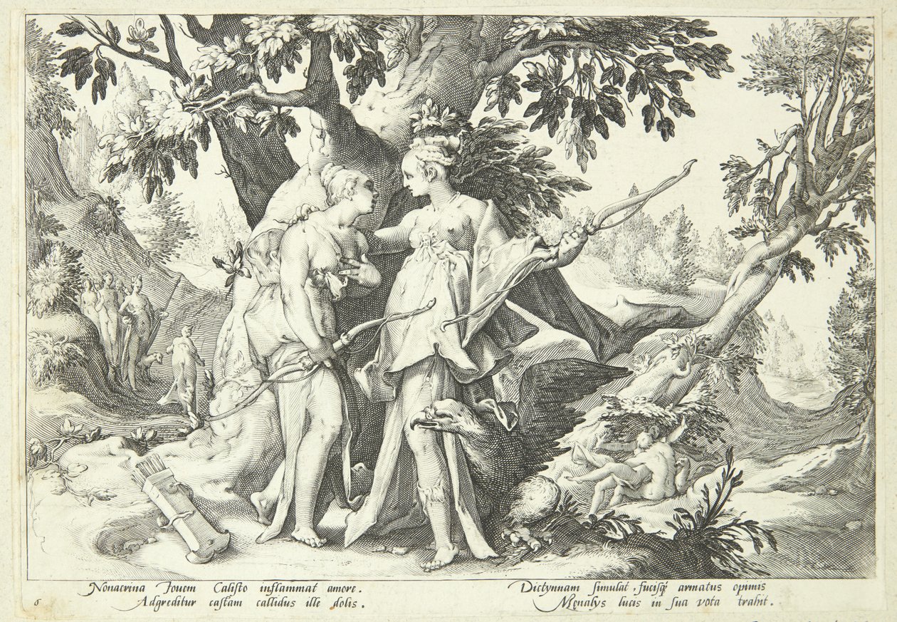 Jupiter vermomd als Diana verleidt Kallisto door Hendrick Goltzius