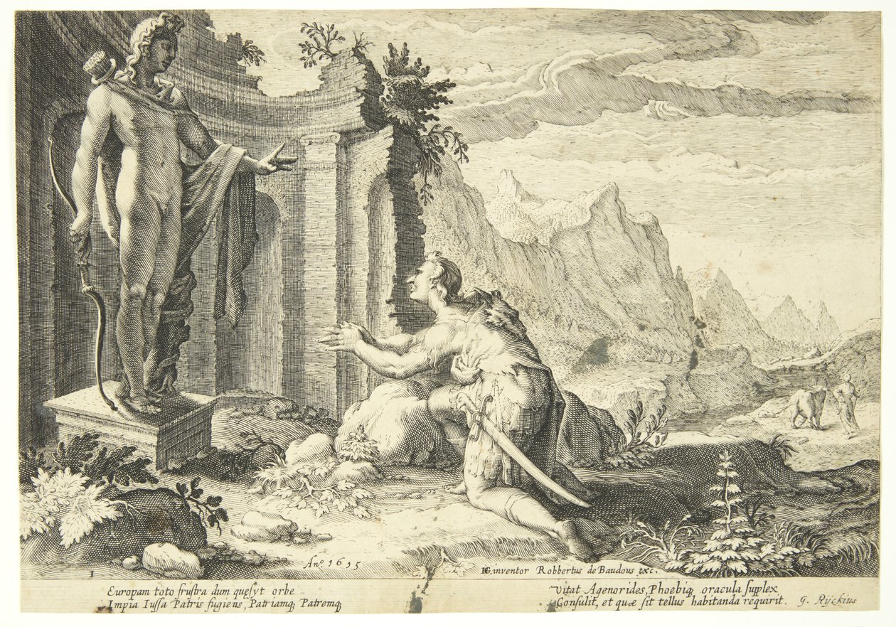 Kadmos vraagt het orakel in Delphi waar hij zijn zus Europa kan vinden door Hendrick Goltzius
