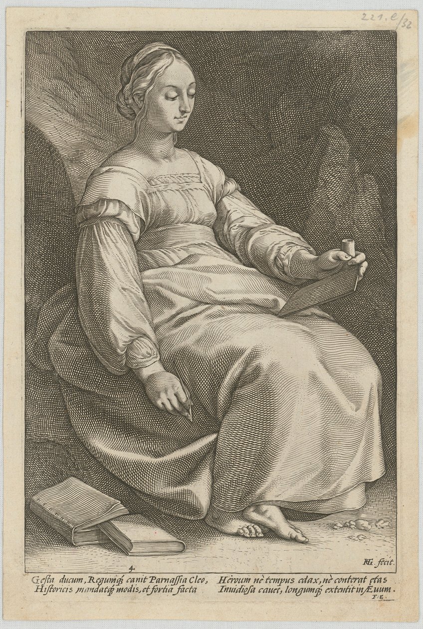 Klio, blad 4 van de serie „Negen Muzen“ door Hendrick Goltzius