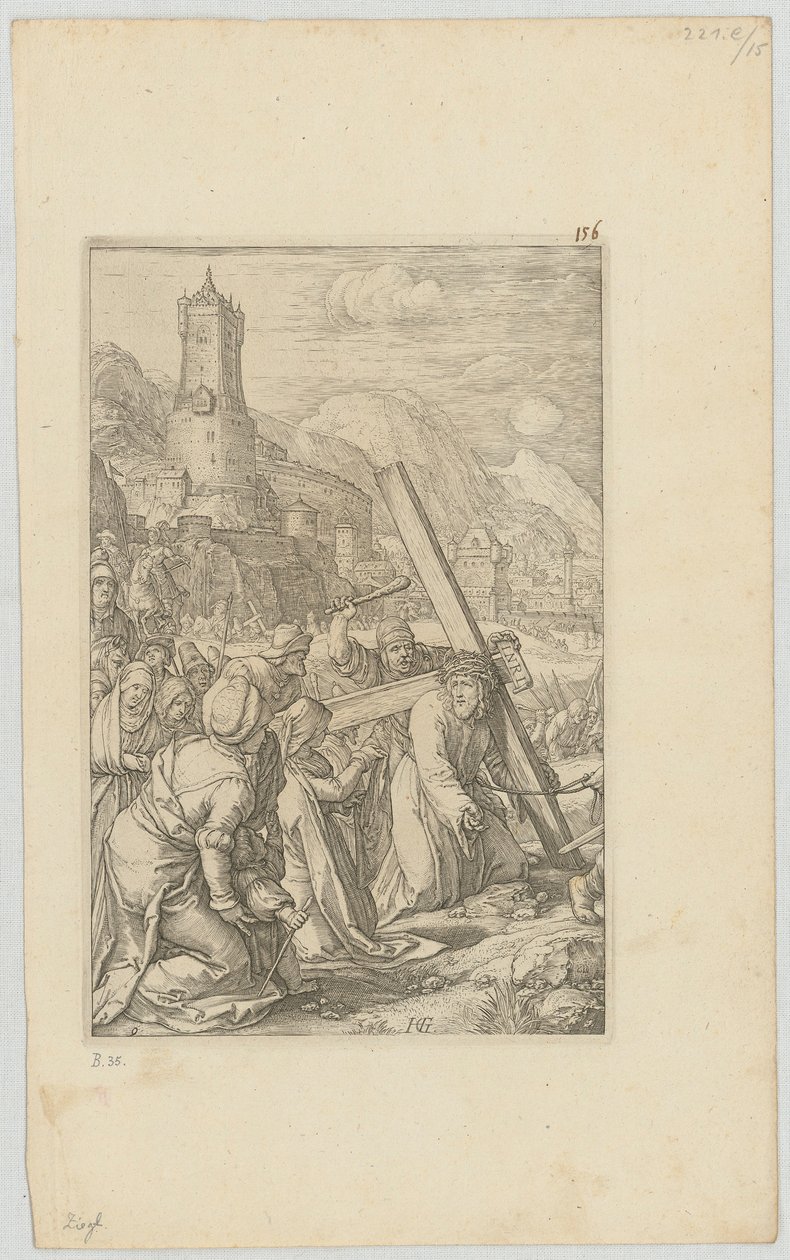 Het dragen van het kruis, blad 9 uit de serie „De Passie“ door Hendrick Goltzius
