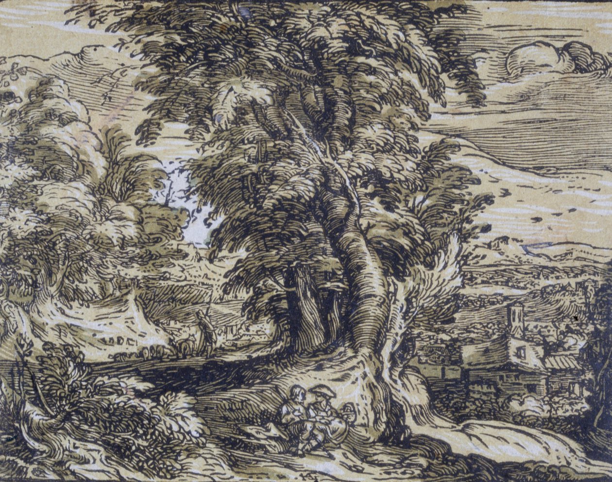 Landschap met bomen en een herderspaar door Hendrick Goltzius