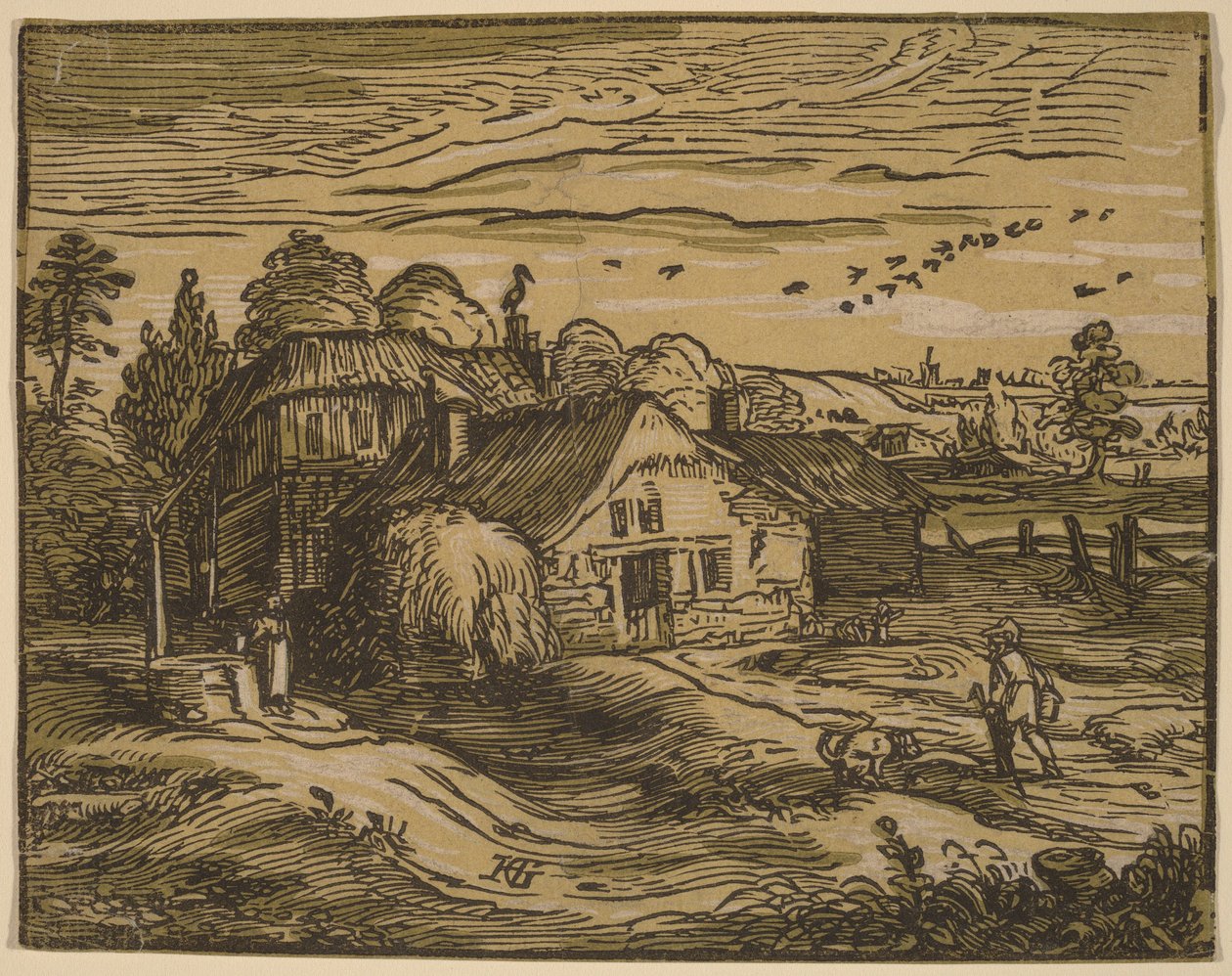 Landschap met een boerderij door Hendrick Goltzius