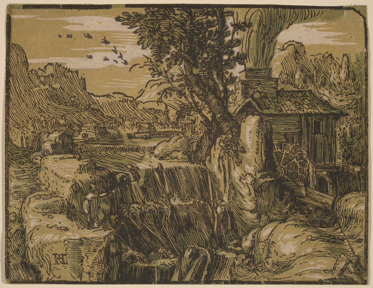 Landschap met een waterval door Hendrick Goltzius