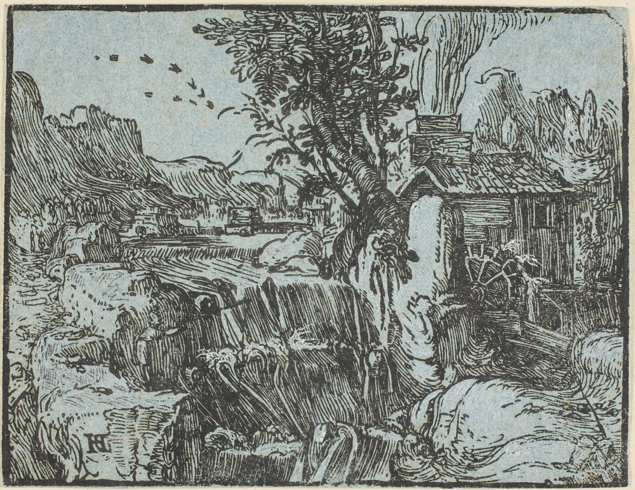 Landschap met een waterval, uit Vier kleine landschappen door Hendrick Goltzius